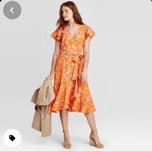 Orange Floral Wrap Silk Dress